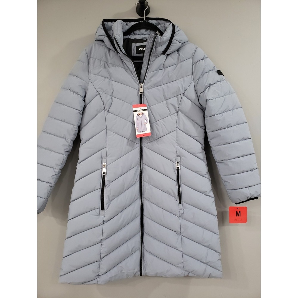 NEW DKNY Women's Long‎ Puffer Jacket Size Medium Grey Coat Light Hooded - Picture 5 of 5